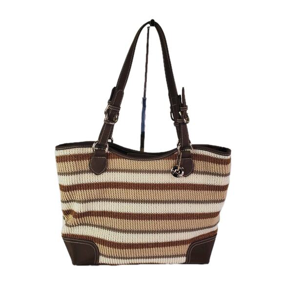 The SAK Beige Brown Stripe Crochet Shoulder Bag Purse Double Handle Satchel - Picture 1 of 16